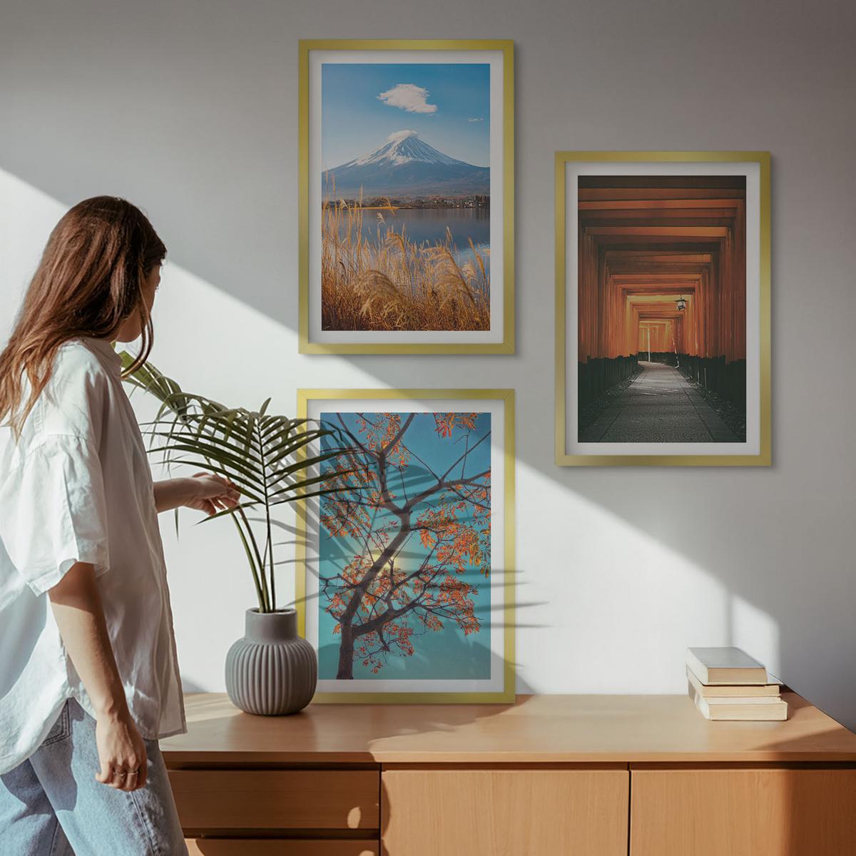 BILDER SET 3er Set - 40x60 cm Goldrahmen - Japanische Naturlandschaften - Goldfarben, Kunststoff (40/60cm) - TULUP