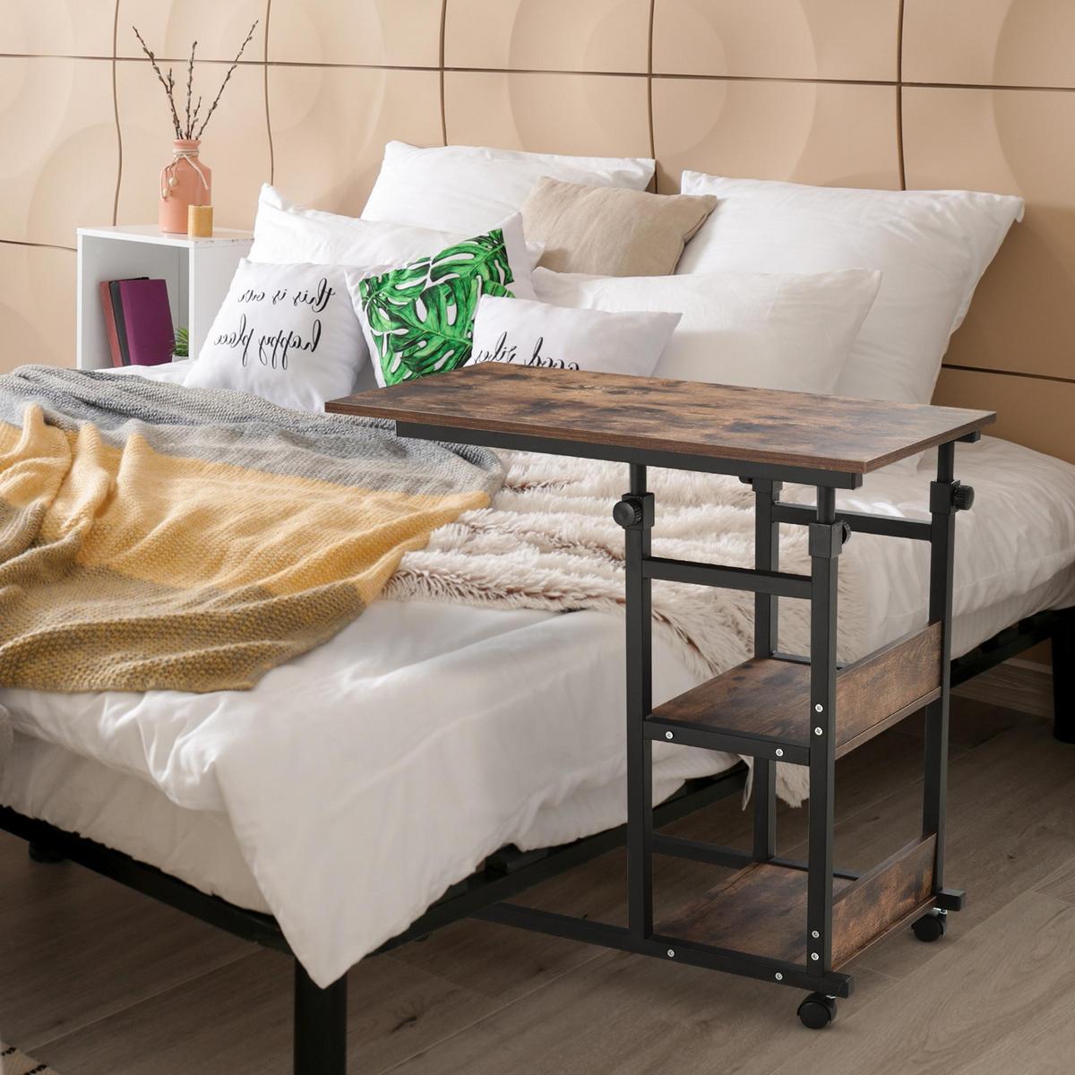 BEISTELLTISCH Couchtisch mit Rollen höhenverstellbar 2 untere Regale Esszimmer - Dunkelbraun, Kunststoff (80/40/82cm) - HOMCOM