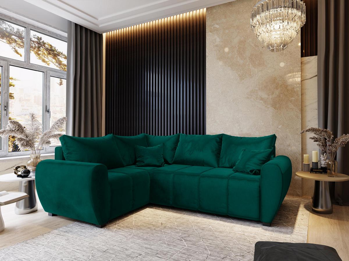 ECKSOFA MADISON L L-S Grün Plüsch-Stoff mit Schlaffunktion - Schwarz/Grün, Holz/Kunststoff (235/175cm) - MASSENO