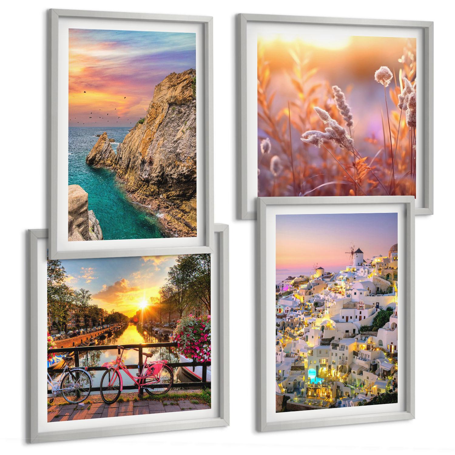 BILDER SET 4er Set - 50x50 cm & 40x60 cm Silberner Rahmen - Sonnenuntergänge am Meer - Silberfarben, Kunststoff (50/50cm) - TULUP
