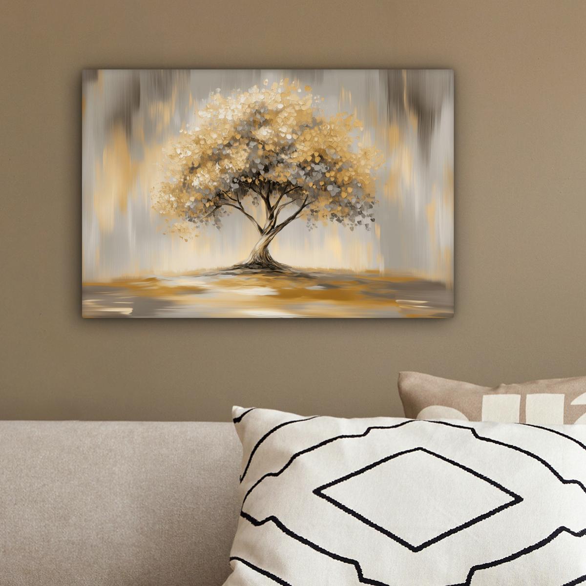 LEINWANDBILD Gemälde - Baum - Abstrakt - Blätter Deko Schlafzimmer 30x20 cm - Beige, Textil (30/20cm) - MuchoWow