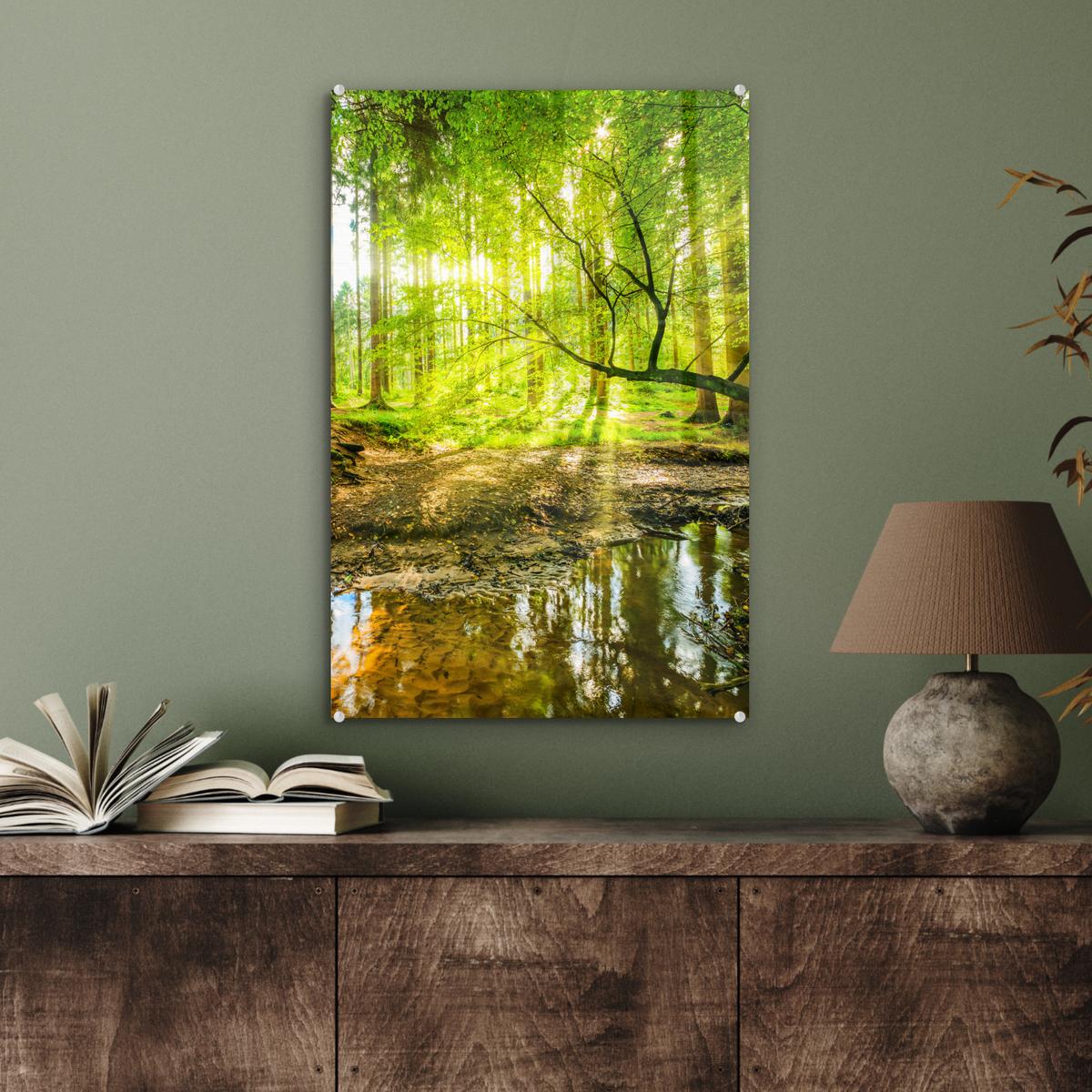 ACRYLGLASBILD Wald - Landschaft - Wasser - Bäume - Sonne - Grün - Natur Wanddeko Wohnzimmer 40x60 cm - Grün, Glas (40/60cm) - MuchoWow