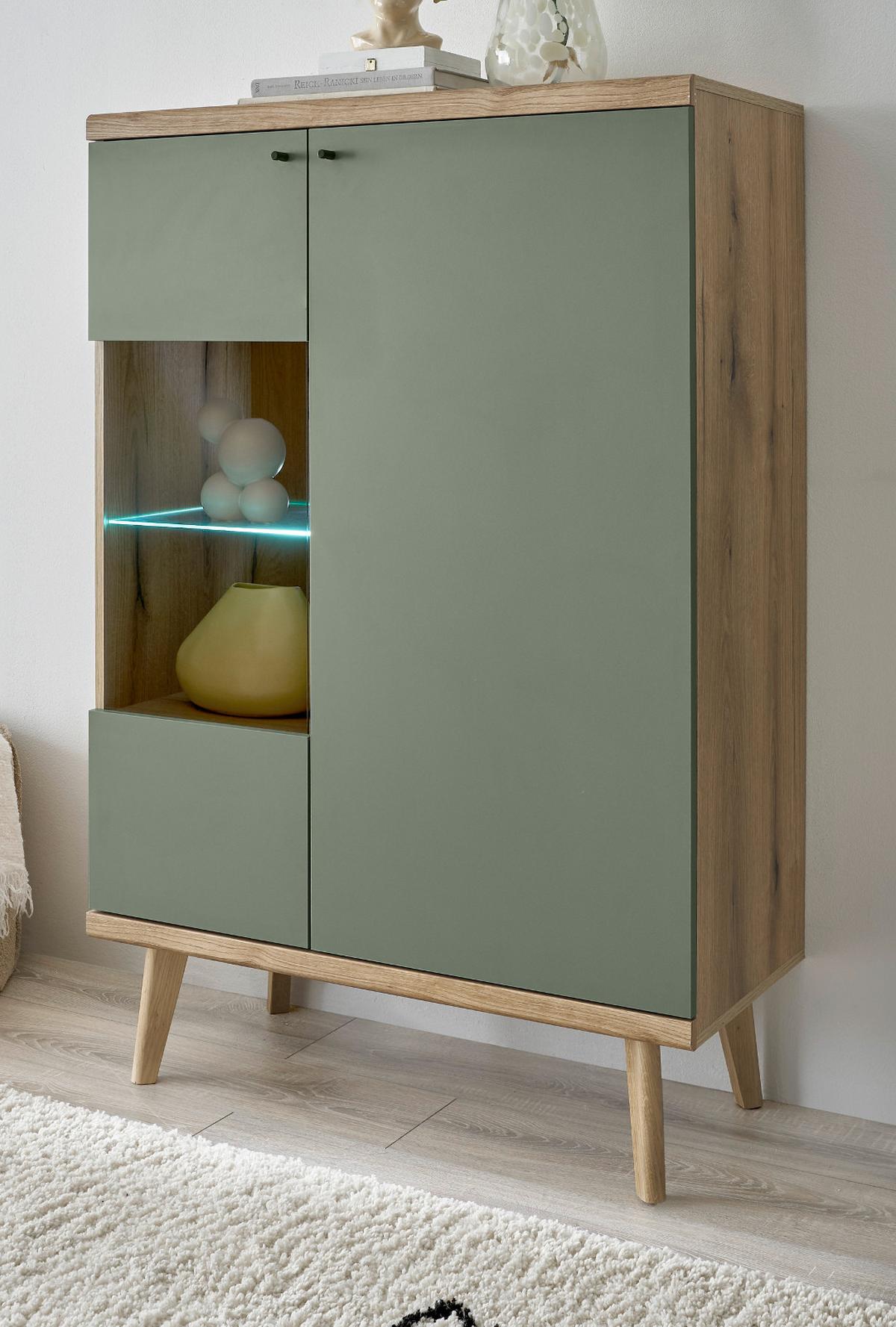 HIGHBOARD Salbei, Eiche Evoke, skandinavisch 90 x 134 cm, Kommode 2-türig mit Glaselement - Salbeigrün/Eichefarben, Glas/Holz (90/134/40cm) - Furn.Design