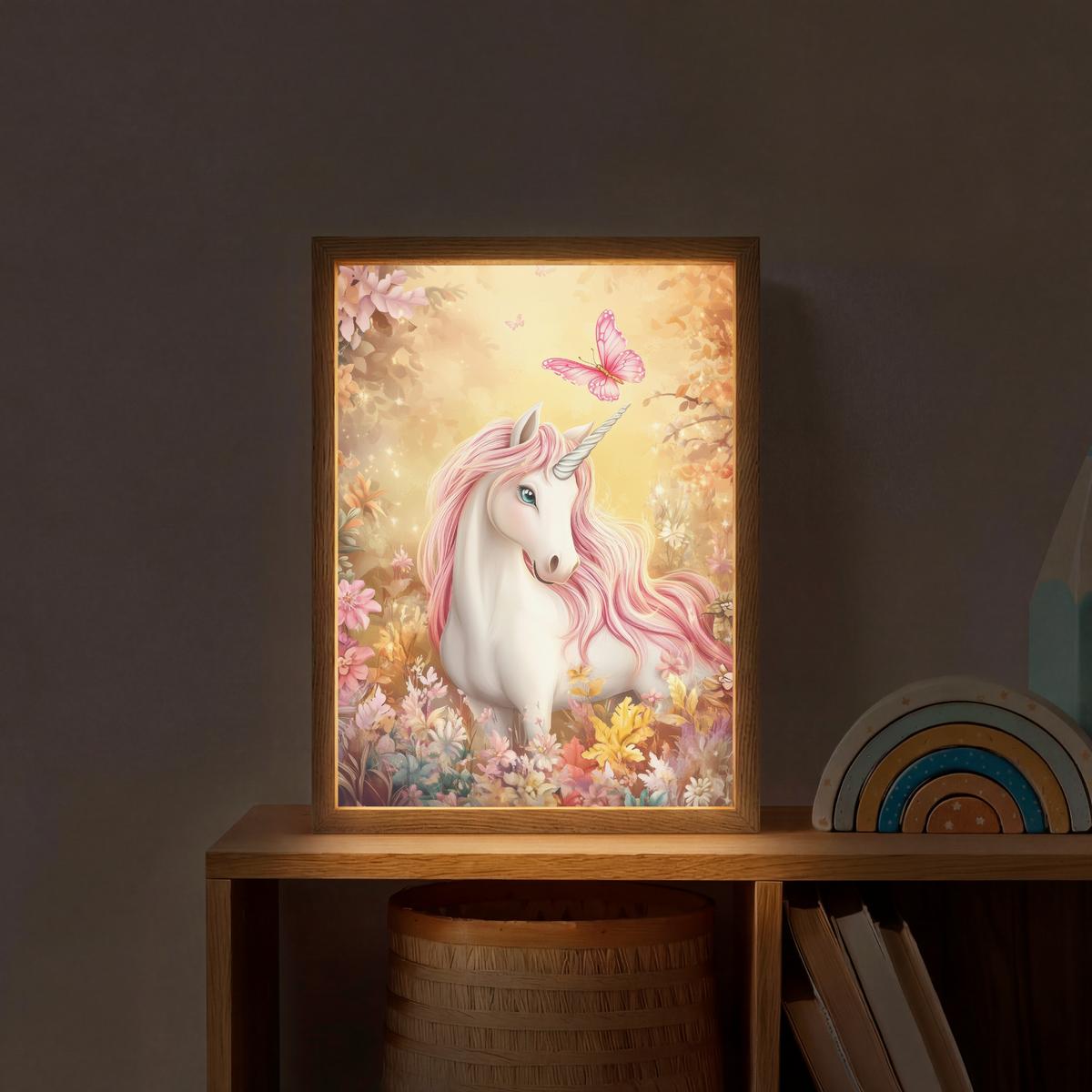 NACHTTISCHLAMPE MIT AKKU Einhorn - Blumen - Schmetterling - Rosa 30x40 cm - Beige, Holzwerkstoff (8/30/40cm) - OnlyWow
