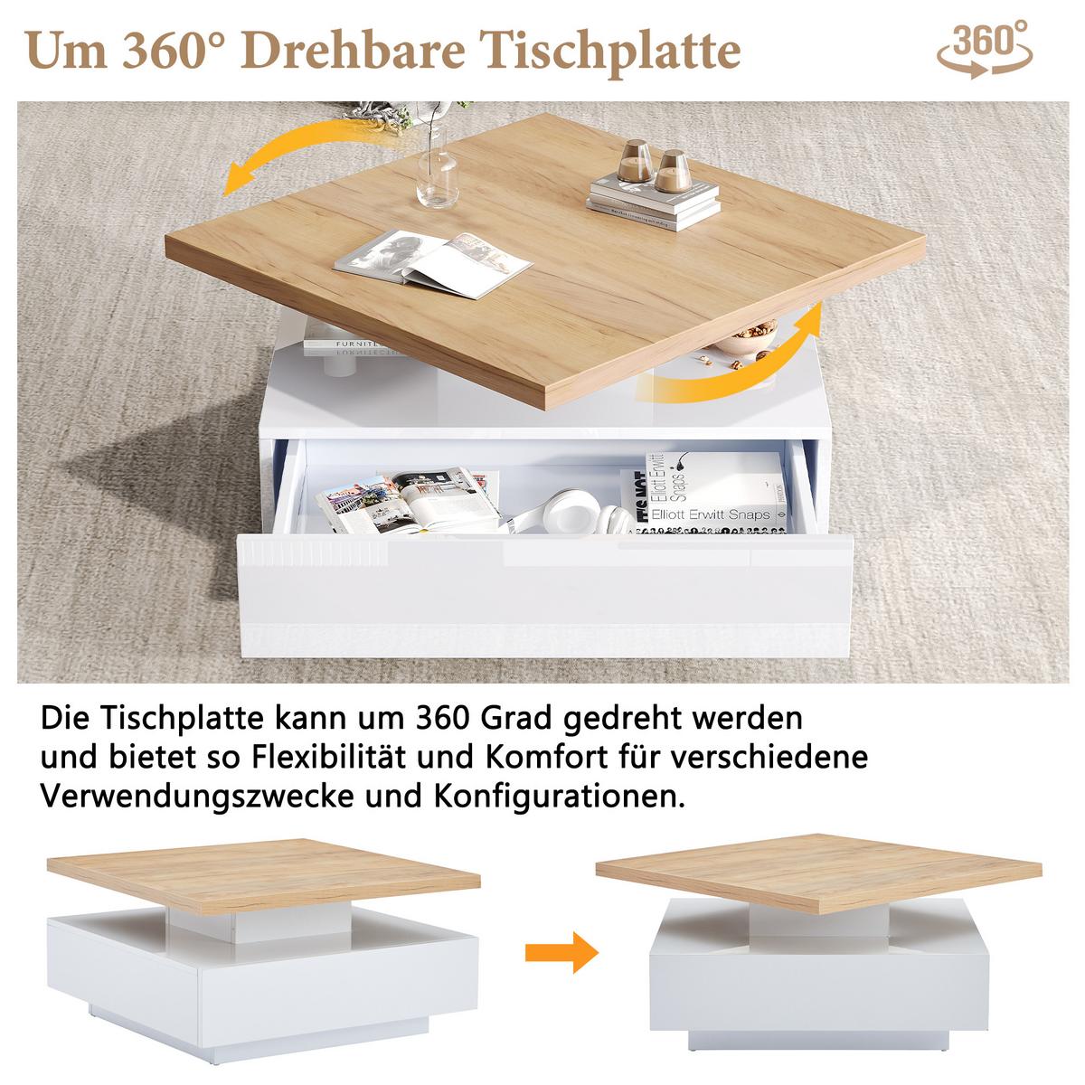 COUCHTISCH 360° Drehbar Weiß Hochglanz & Nussbaum Quadratisch 1 Schublade - Naturfarben, Holzwerkstoff (70/70/36cm) - Urban Meuble