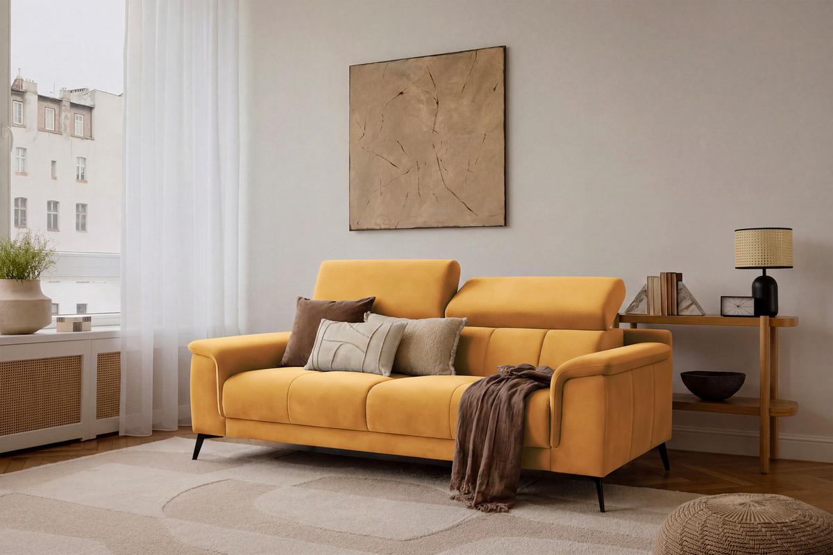 SOFA FIERO 3-Sitzer, Gelber Veloursstoff - Gelb/Schwarz, Holz/Textil (212/82/103cm) - Courtois Laville