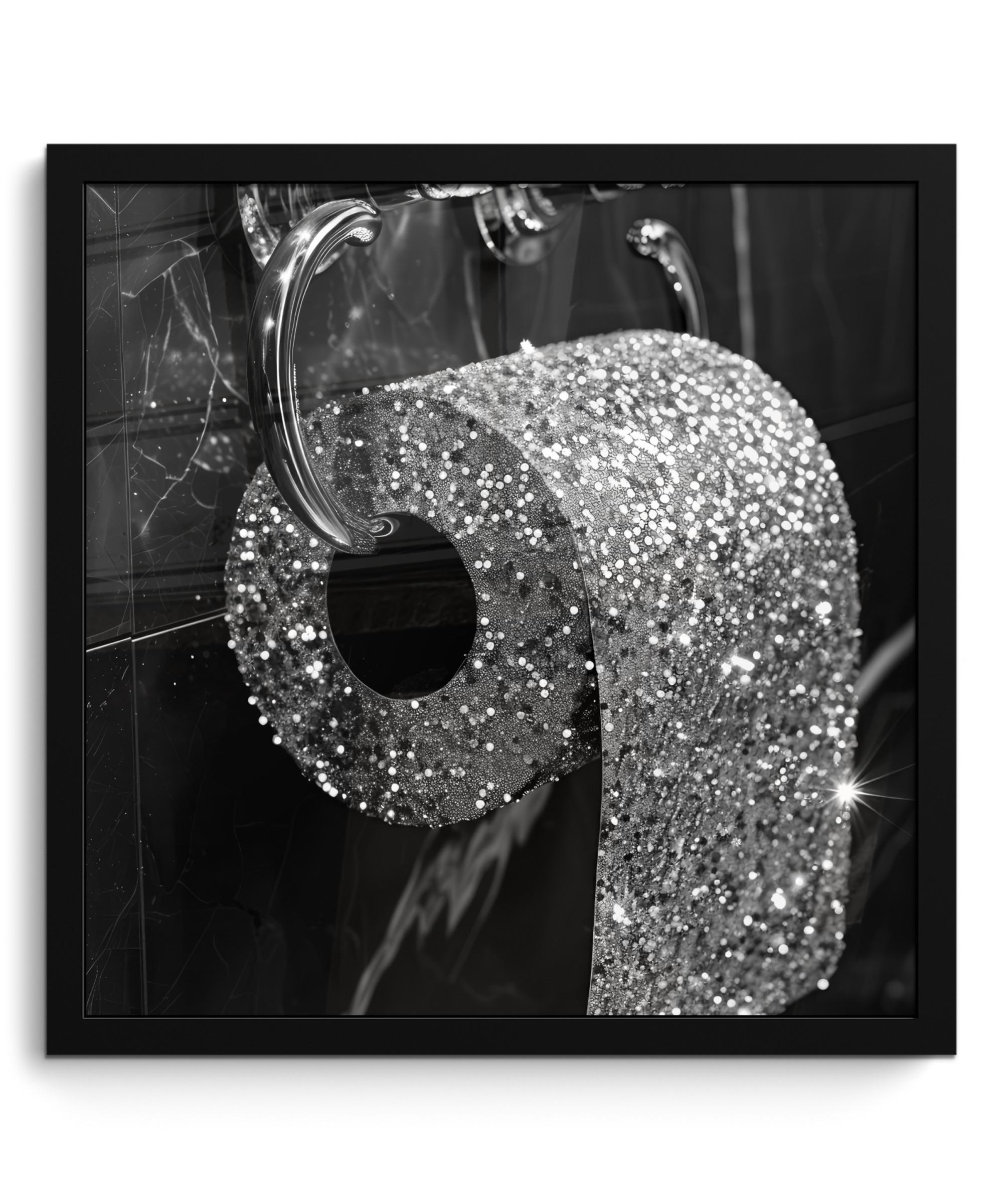 POSTER MIT RAHMEN WC - Toilettenpapier - Schwarz und weiß - Glitter 40x40 cm - Silberfarben, Papier (40/40cm) - MuchoWow