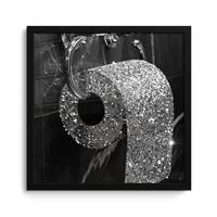 POSTER MIT RAHMENGERAHMTES BILD WC - Toilettenpapier - Schwarz und weiß - Glitter 40x40 cm - Silberfarben, Papier (40/40cm) - MuchoWow