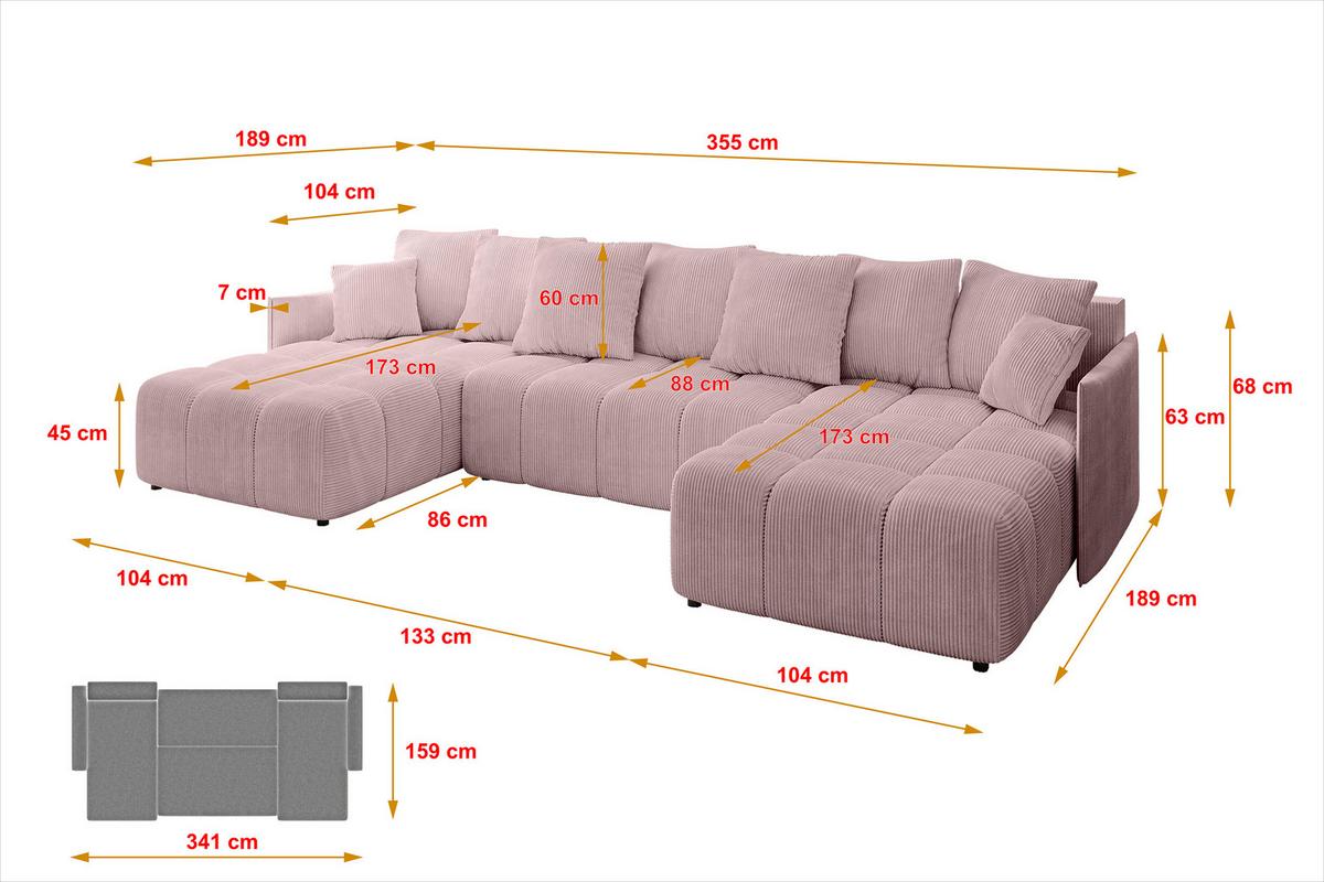 WOHNLANDSCHAFT LONLI-U 355x189x68 Rosa Cord - Rosa, Holzwerkstoff/Kunststoff (355/68/189cm) - ALTDECOR