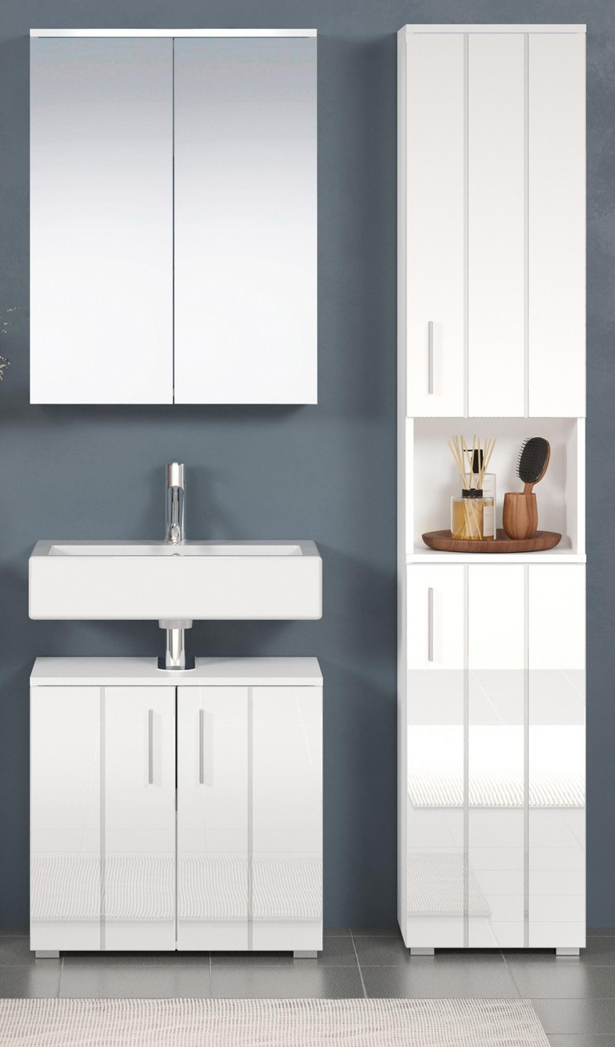 BADMÖBEL-SET weiß Hochglanz 112 x 192 cm, Badezimmer Schränke mit viel Stauraum - Weiß Hochglanz/Silberfarben, Holzwerkstoff/Kunststoff (112/192/32cm) - Top.Furn