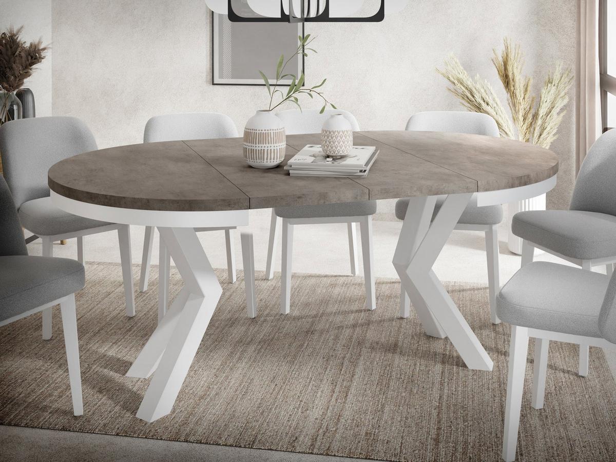 ESSTISCH Clara Weiß runder ausziehbarer, Dunkelgrauer Chicago Beton 120-200/120/76 cm - Dunkelgrau/Weiß, Holzwerkstoff/Metall (120/196/76cm) - WFL GROUP