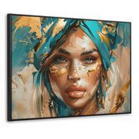 LEINWAND Bilder mit Rahmen - Frau - Porträt - Gold - Luxus - Blau - 80x60 - Türkis, Textil (80/60cm) - MuchoWow