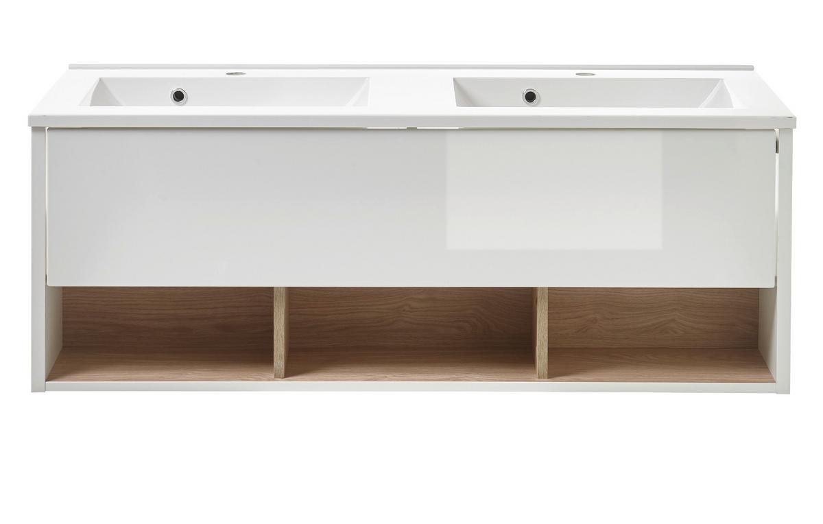 WASCHTISCHKOMBI weiß Hochglanz und Eiche, Doppelwaschtisch inkl. 2x Waschbecken, Breite 120 cm - Weiß Hochglanz/Eichefarben, Holzwerkstoff (120/44/47cm) - Furn.Design