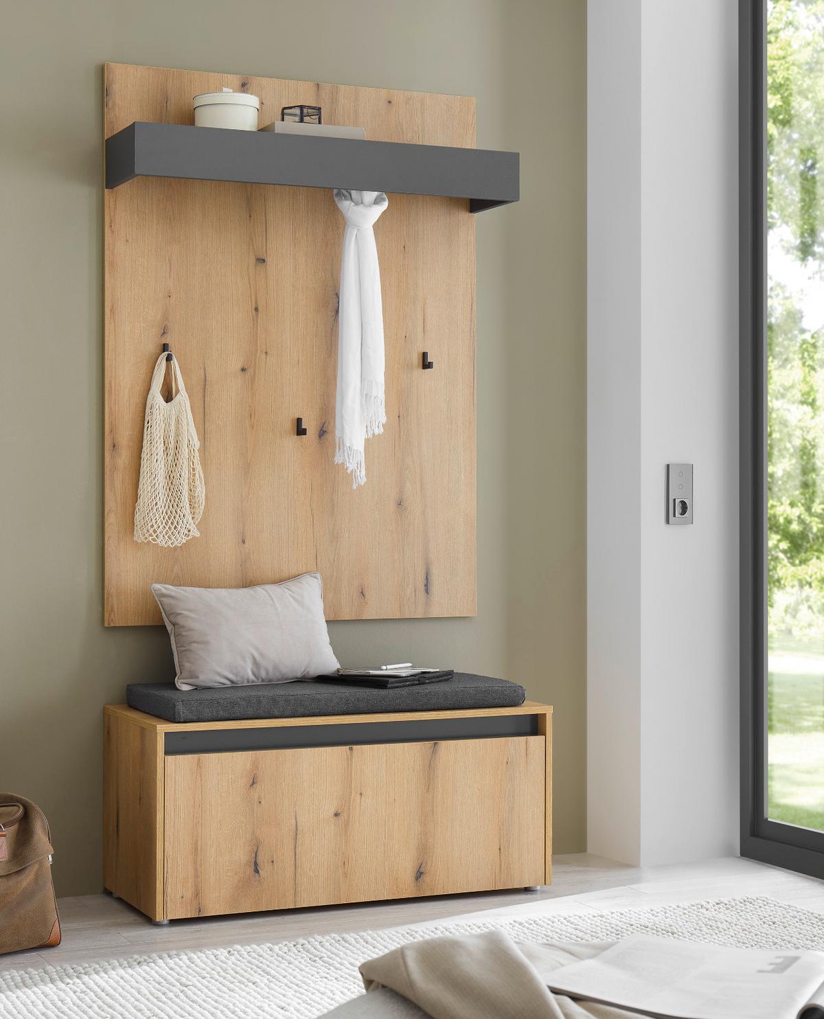 GARDEROBEN-SET Evoke Eiche, grau 100 cm 3-teilig, Flurgarderobe inkl. Sitzkissen - Eichefarben/Schwarz, Holzwerkstoff/Kunststoff (100/200/40cm) - Furn.Design