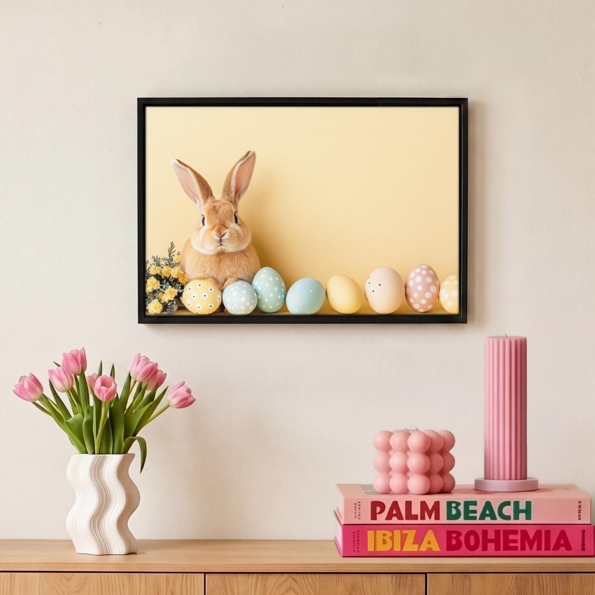 LEINWAND Bilder mit Rahmen - Eier - Kaninchen - Pastellfarbtöne - 30x20 - Hellgelb, Textil (30/20cm) - MuchoWow