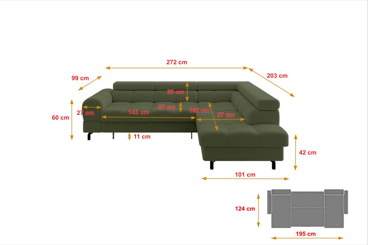 ECKSOFA mit Schlaffunktion Ottomane Rechts LUMA-L 272x203x70 Grün Bouclé - Schwarz/Grün, Holzwerkstoff/Kunststoff (203/272cm) - ALTDECOR