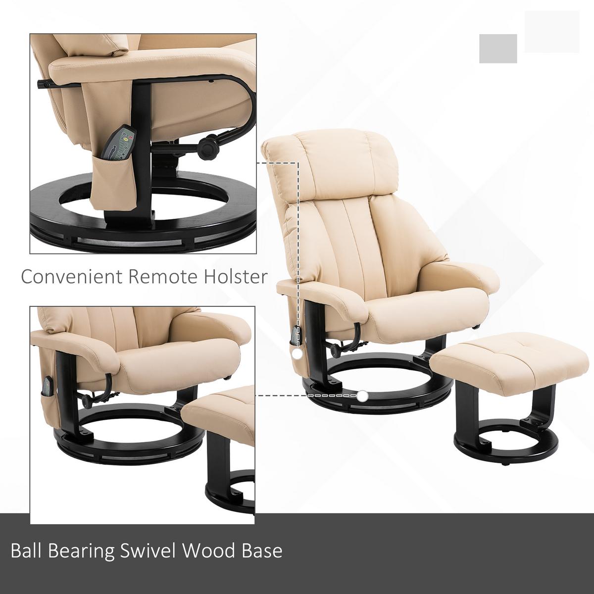 RELAXSESSEL mit Liegefunktion Massagesessel inkl. Hocker Fernsehsessel drehbar - Creme/Schwarz, Leder/Kunststoff (80/102/76cm) - HOMCOM