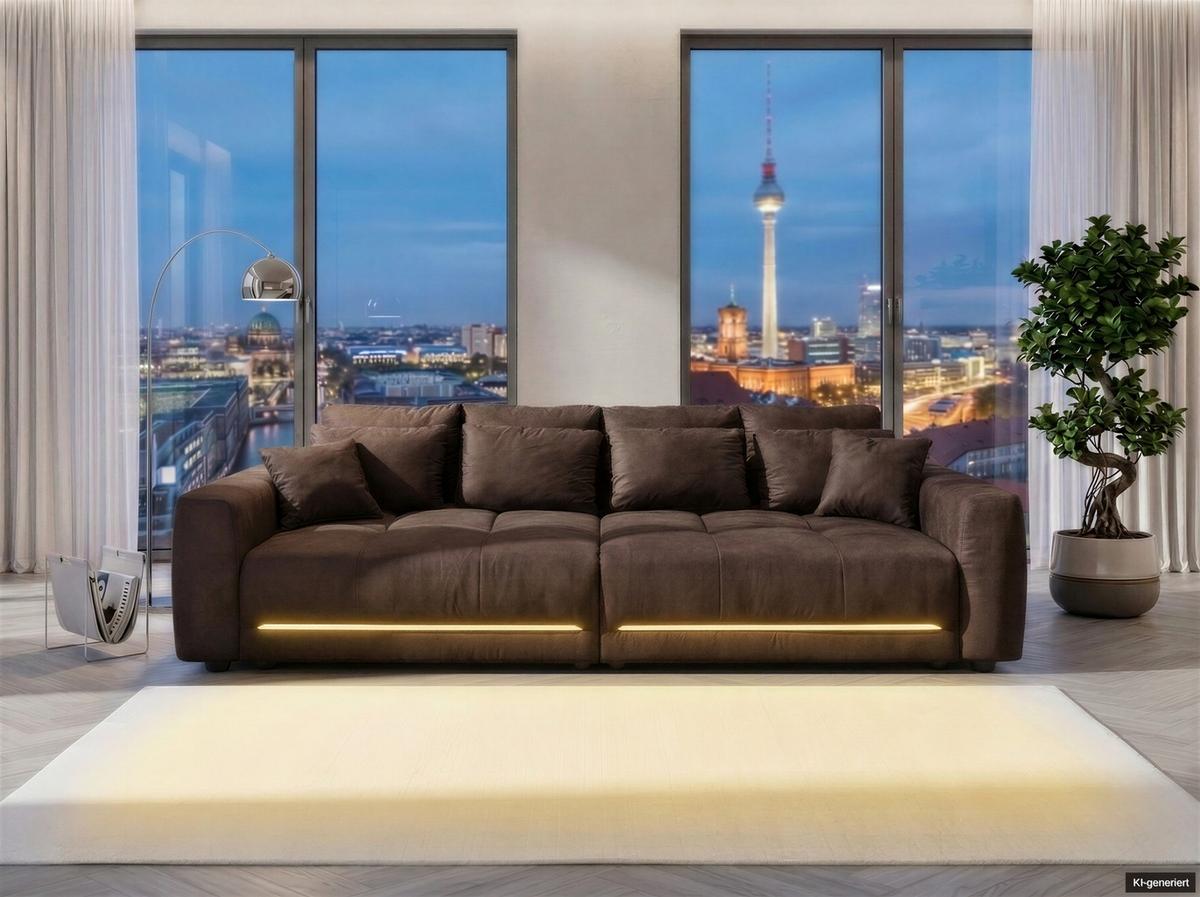 BIG-SOFA Federkern B294/T136/H86 cm, RGB-LED-Beleuchtung mit Fernbedienung, Mikrofaserstoff in Braun / 15417 - Schwarz/Braun, Kunststoff/Textil (294/86/136cm) - luma-home