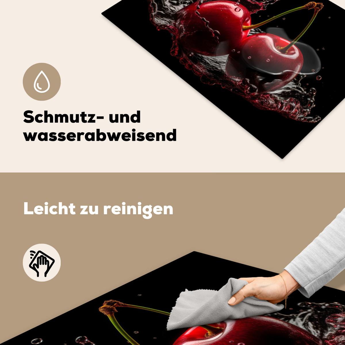 HERDABDECKPLATTE Kirsche - Rot - Frucht - Wasser - Schwarz Ceranfeldabdeckung 76x51.5 cm - Kirschrot, Kunststoff (76/51.5/0.2cm) - MuchoWow