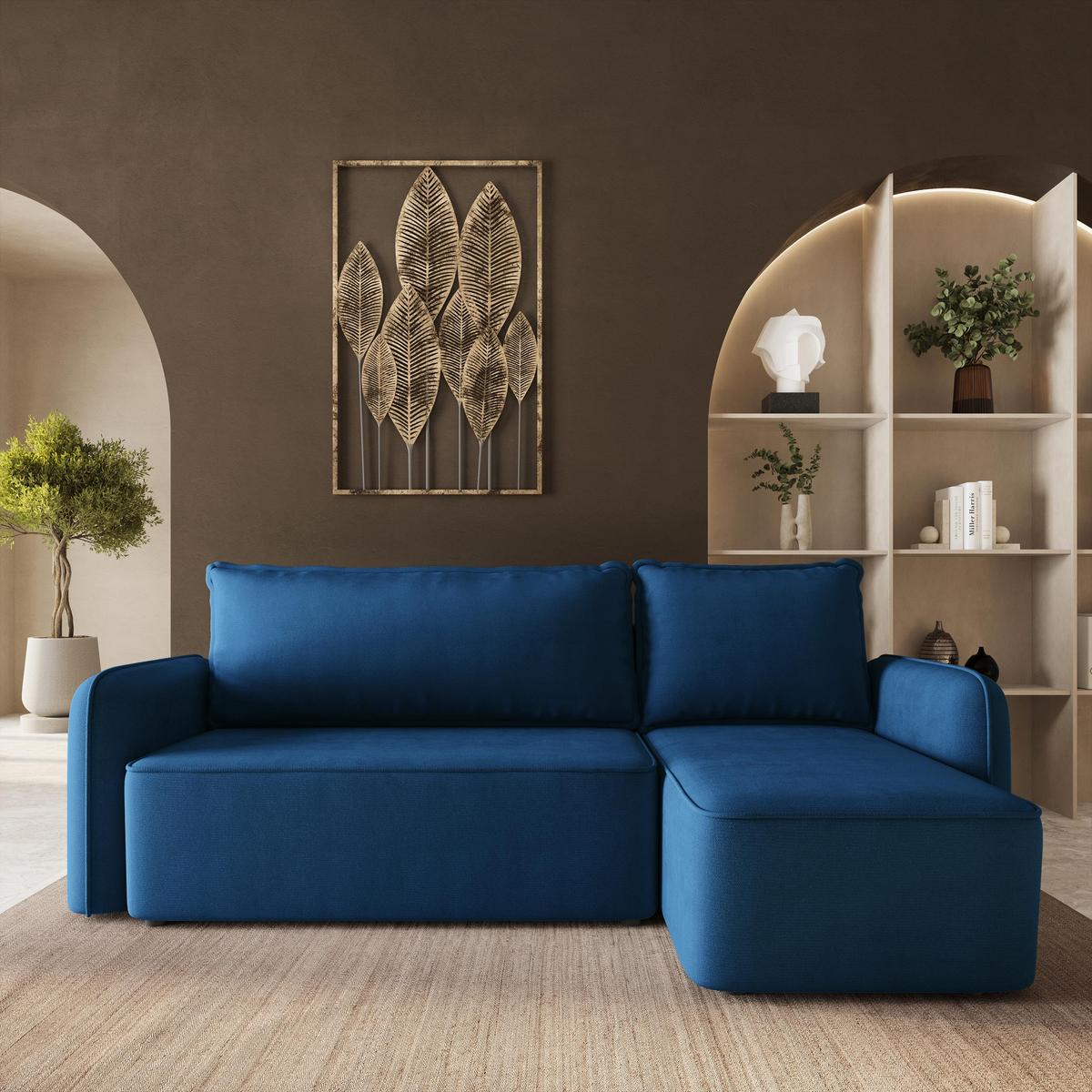 ECKSOFA DOLVER Blau Plüsch-Stoff mit Schlaffunktion - Blau, Holz (238/156cm) - MASSENO