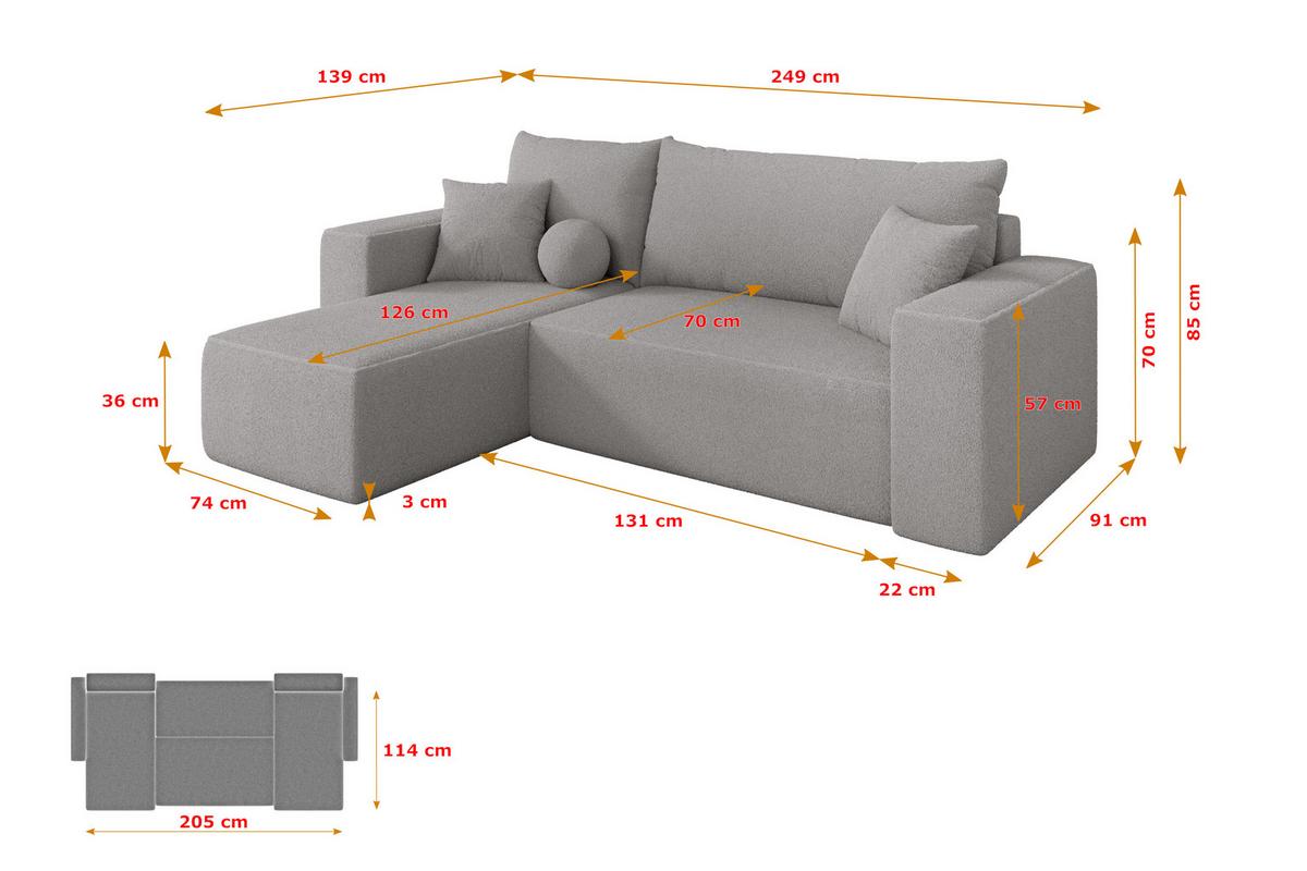ECKSOFA mit Schlaffunktion Ottomane Links SENO-L 249x139x85 Hellgrau Bouclé - Silberfarben/Hellgrau, Holzwerkstoff/Kunststoff (249/139cm) - ALTDECOR