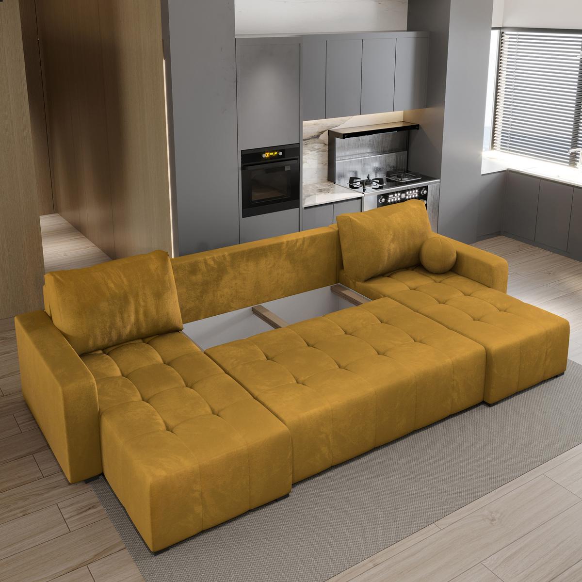 WOHNLANDSCHAFT TOLARI Gelb Plüsch-Stoff mit Schlaffunktion - Gelb, Holz (295/85/140cm) - MASSENO