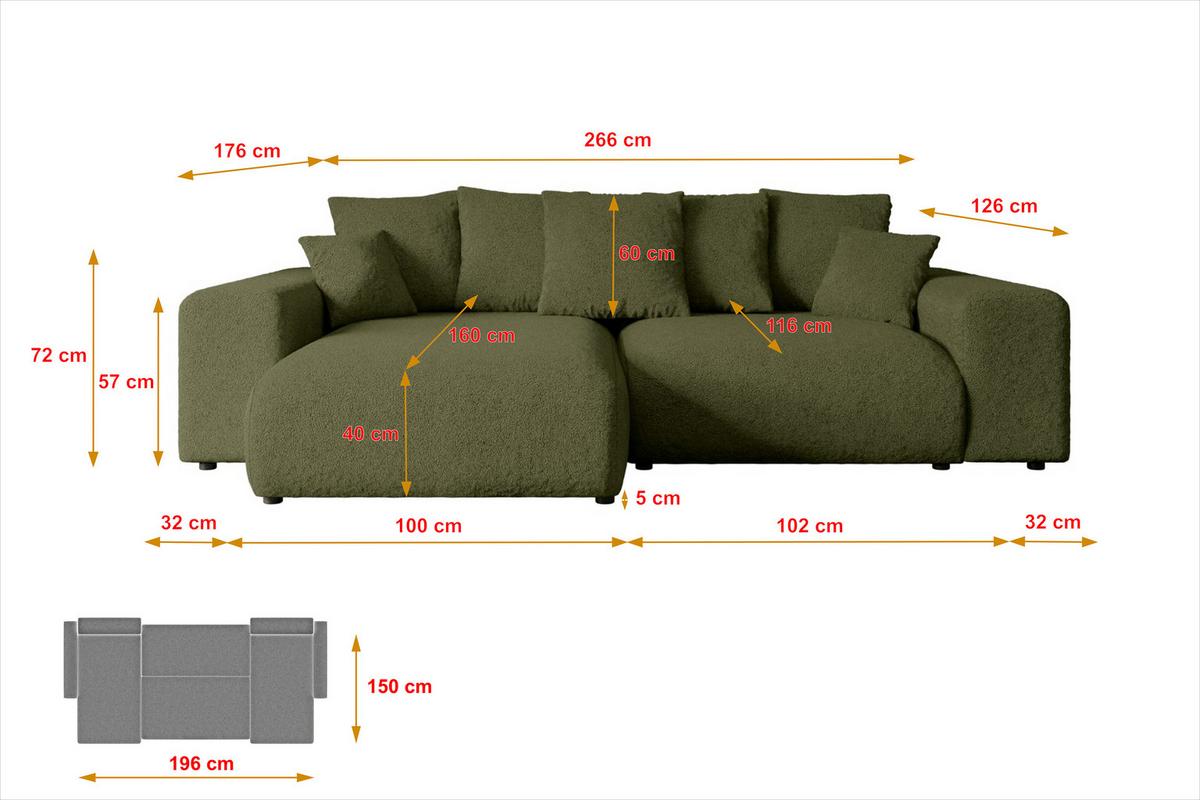 ECKSOFA Ottomane rechts ESKAR-L 266x176x72 Olivgrün Bouclé - Schwarz/Olivgrün, Holzwerkstoff/Kunststoff (176/266cm) - ALTDECOR
