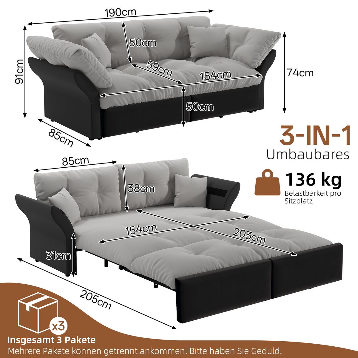 SCHLAFSOFA aus Velours im Tufting-Design, 3-in-1 Funktion und Queen-Size Bett - Hellgrau, Textil (190/91/85cm) - Urban Meuble