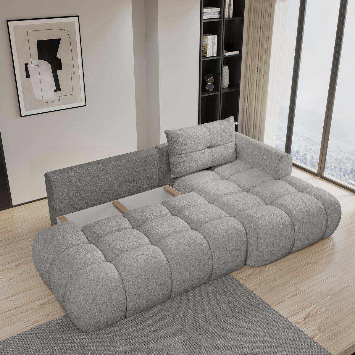 ECKSOFA FLUMA R-S Hellgrau Boucle-Stoff mit Schlaffunktion - Hellgrau, Holz (279/158cm) - MASSENO