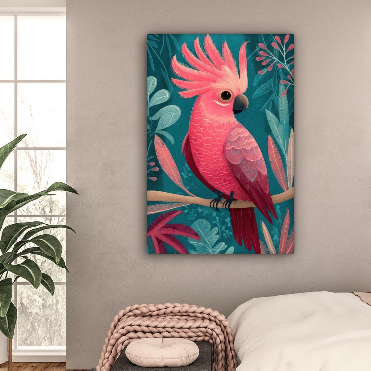 LEINWANDBILD Kakadu - Tropische Blätter - Zweig Deko XXL 80x120 cm - Petrol, Textil (80/120cm) - MuchoWow