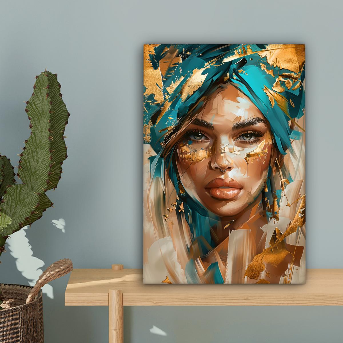 LEINWANDBILD Frau - Porträt - Gold - Luxus - Blau Deko Wohnzimmer 20x30 cm - Türkis, Textil (20/30cm) - MuchoWow