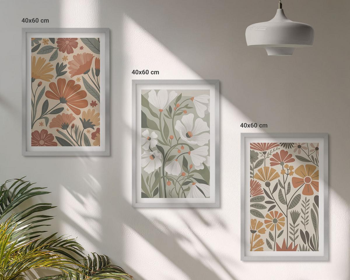 BILDER SET 3er Set - 40x60 cm Silberner Rahmen - Blumenmuster in Orange und Grün - Silberfarben, Kunststoff (40/60cm) - TULUP