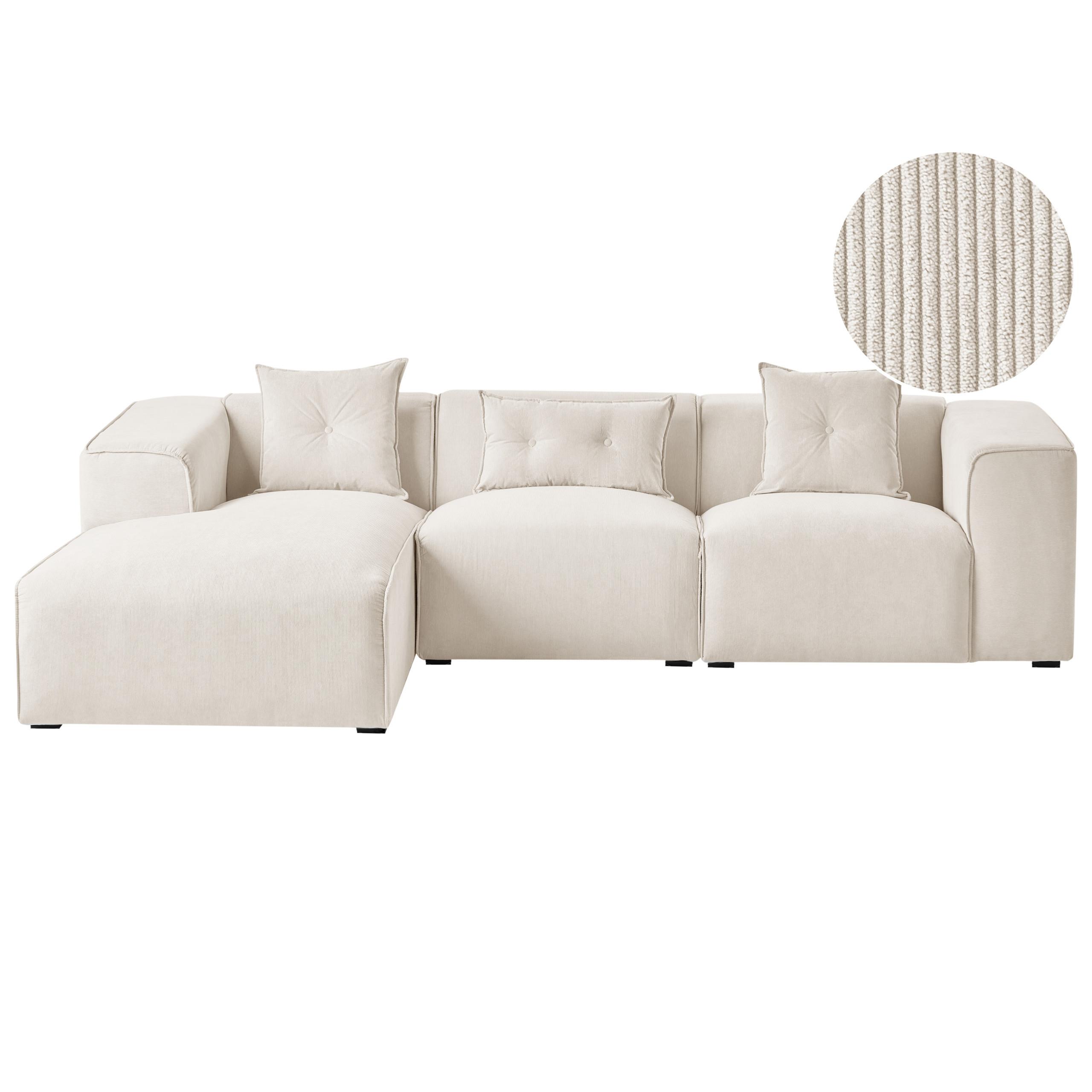 ECKSOFA 3-Sitzer Cord Cremeweiß rechtsseitig Dolva - Creme, Textil (294/170cm) - Beliani