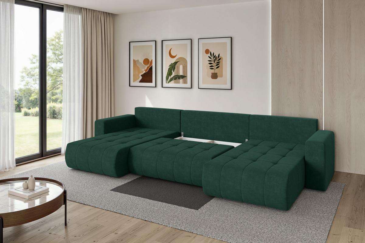WOHNLANDSCHAFT mit Schlaffunktion und Bettkasten MILA-U 378x194x86 Grün Velours - Schwarz/Grün, Holzwerkstoff/Kunststoff (378/86/194cm) - ALTDECOR