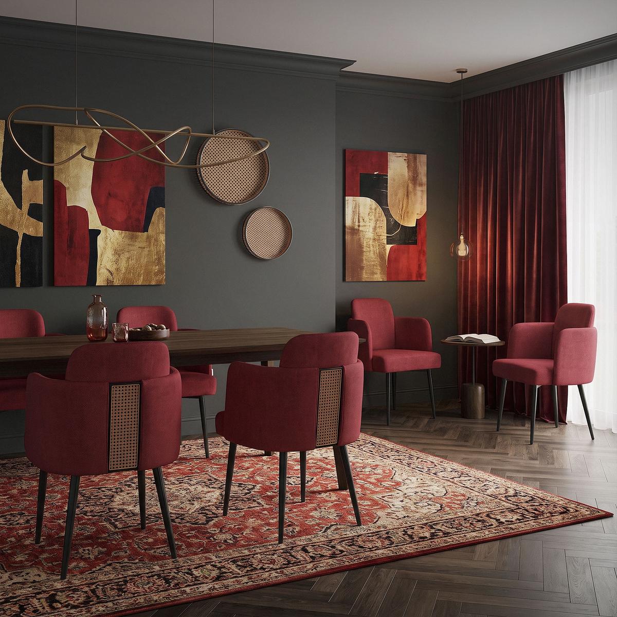 ESSZIMMERSTÜHLE 2er Set Rot mit Stoffbezug Rattan Optik - Rot/Schwarz, Textil/Metall (59/86/59cm) - ML-DESIGN
