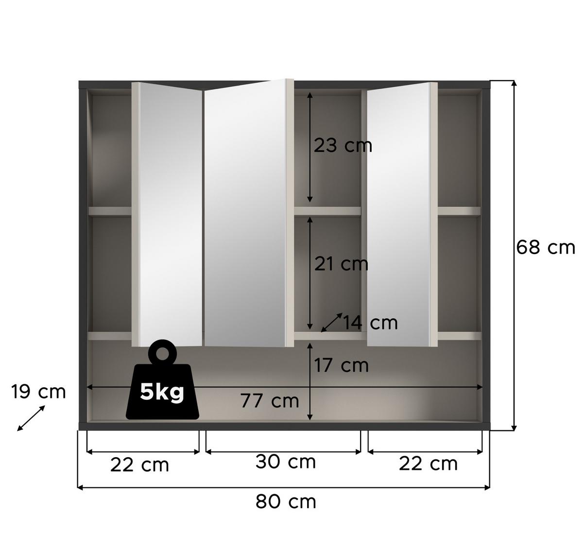 SPIEGELSCHRANK schwarz, sand 80 cm 3-türig, Badschrank mit Soft-Close - Sandfarben/Schwarz, Glas/Holzwerkstoff (80/68/19cm) - Inn.Furn