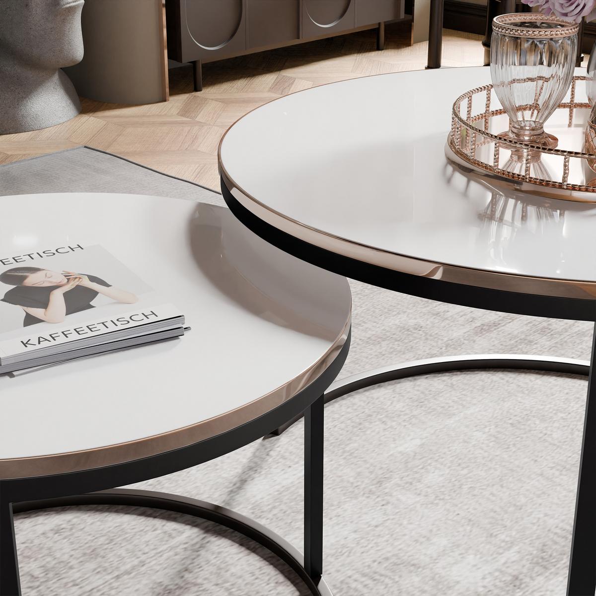 COUCHTISCH rund Klein, Weißglanz, Rahmen Schwarz+gold furnier - Goldfarben/Schwarz, Holzwerkstoff (70/70/48cm) - Idohome