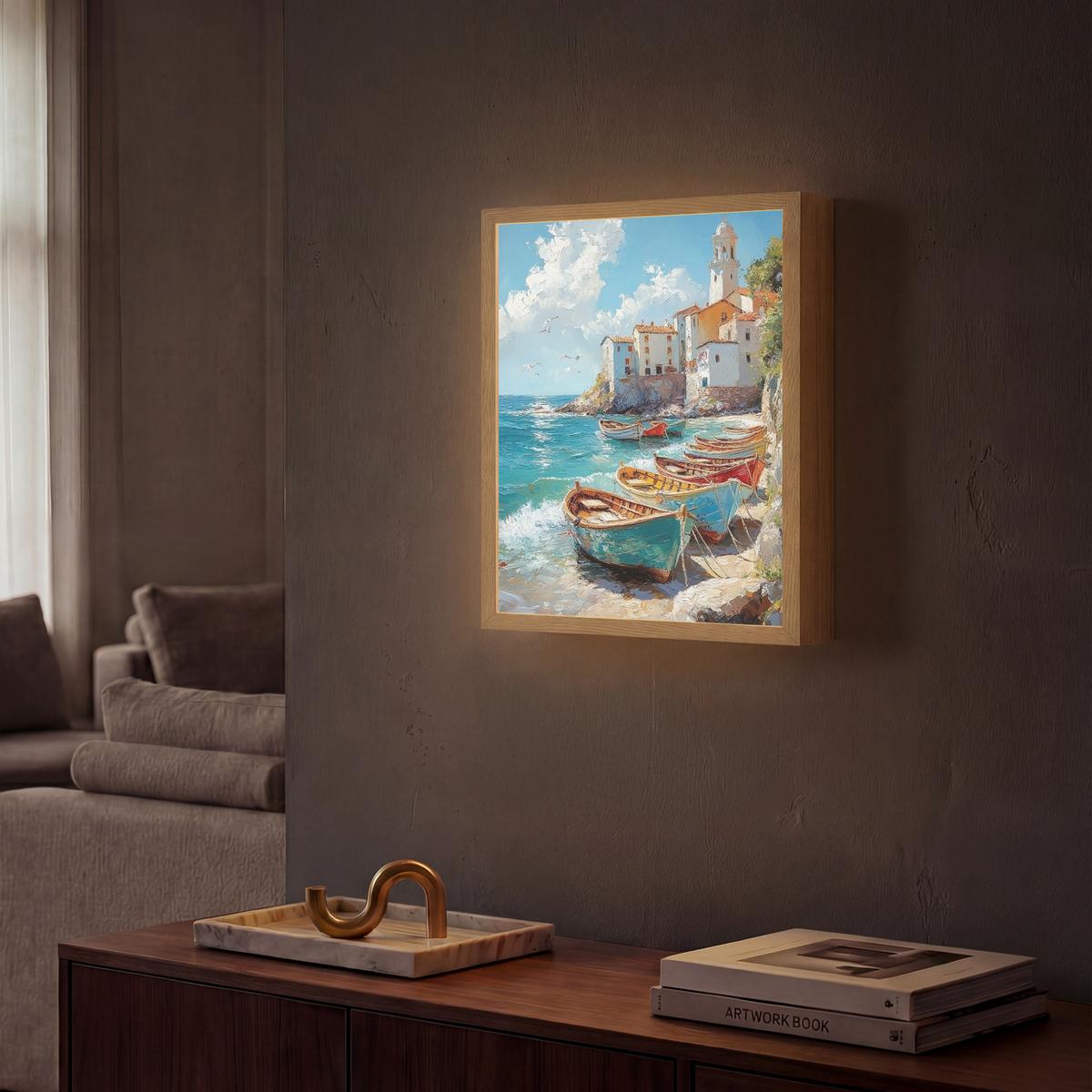 WANDLEUCHTE MIT AKKU Boote - Felsen - Meer - Sonne 30x40 cm - Blau, Holzwerkstoff (30/40/8cm) - OnlyWow