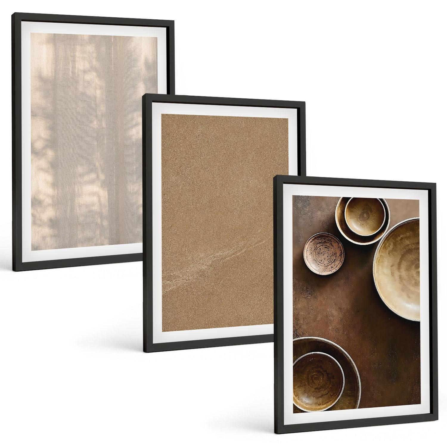 BILDER SET 3er Set - 40x60 cm Schwarzer Rahmen - Minimalistische Texturstrukturen - Schwarz, Kunststoff (40/60cm) - TULUP