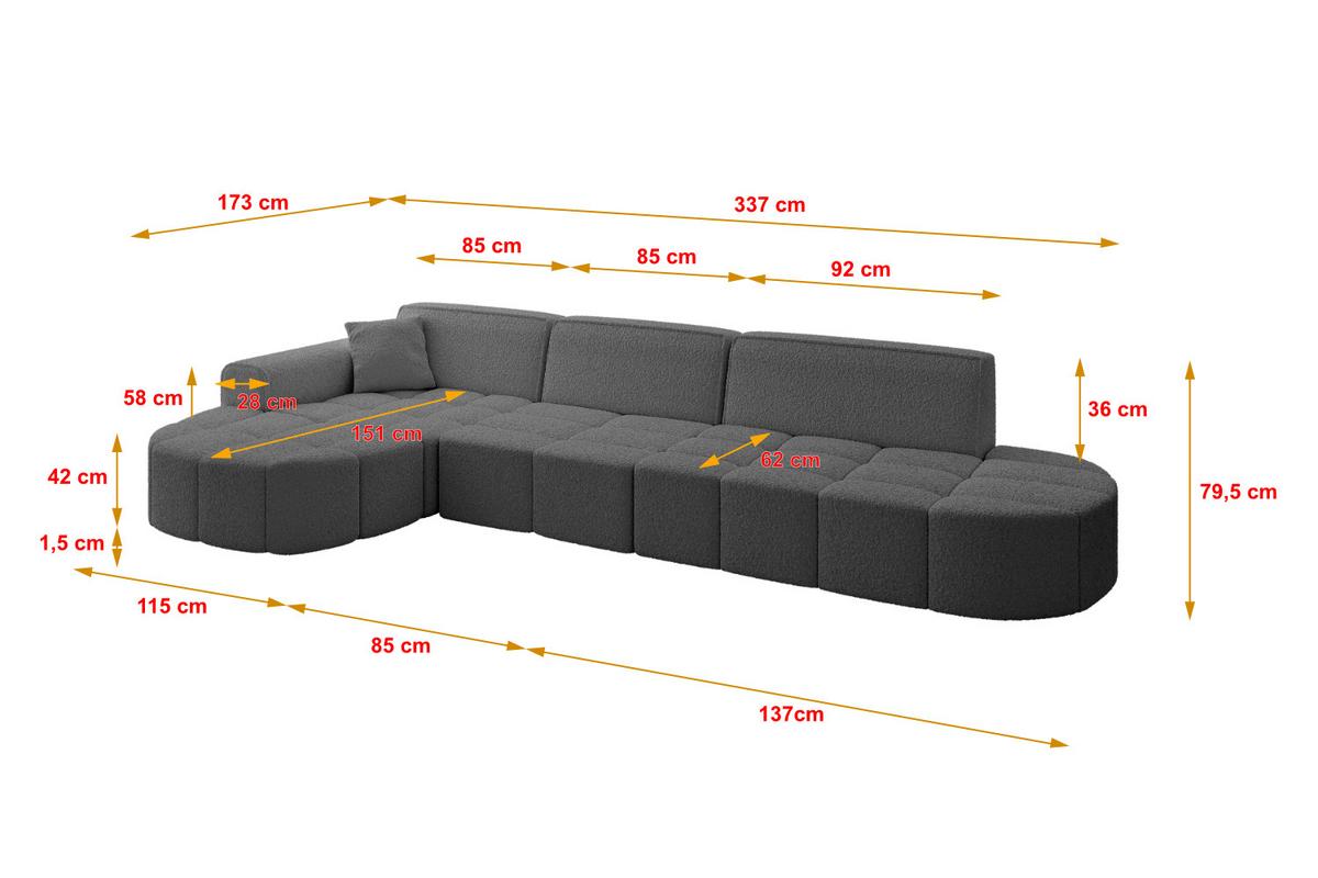 ECKSOFA Ottomane Links LIVO-L2 - 337x173x79,5 cm Grau - Grau, Holzwerkstoff/Textil (337/173cm) - ALTDECOR