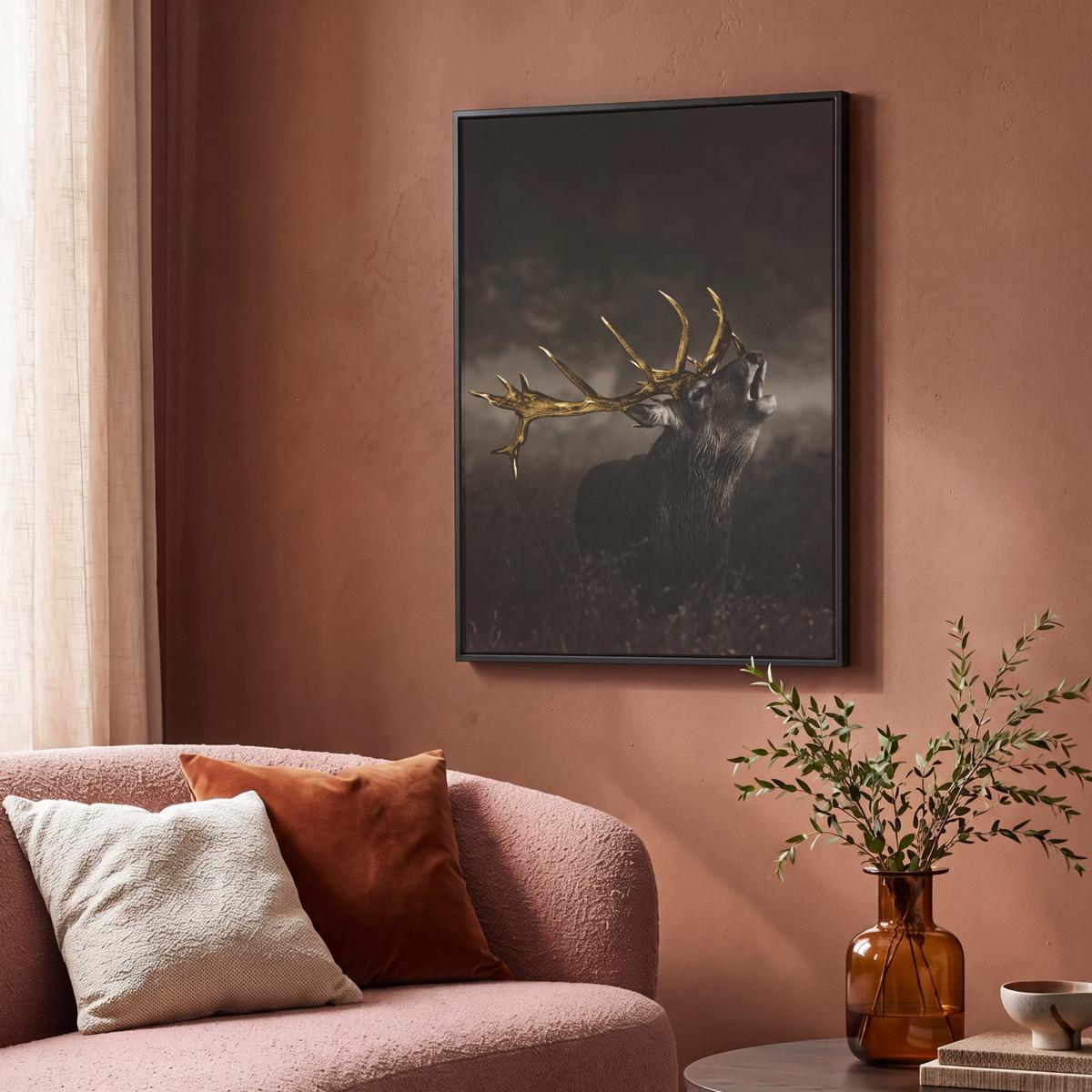 LEINWAND Bilder mit Rahmen - Rotwild - Schwarz - Gold - 70x100 - Braun, Textil (70/100cm) - MuchoWow