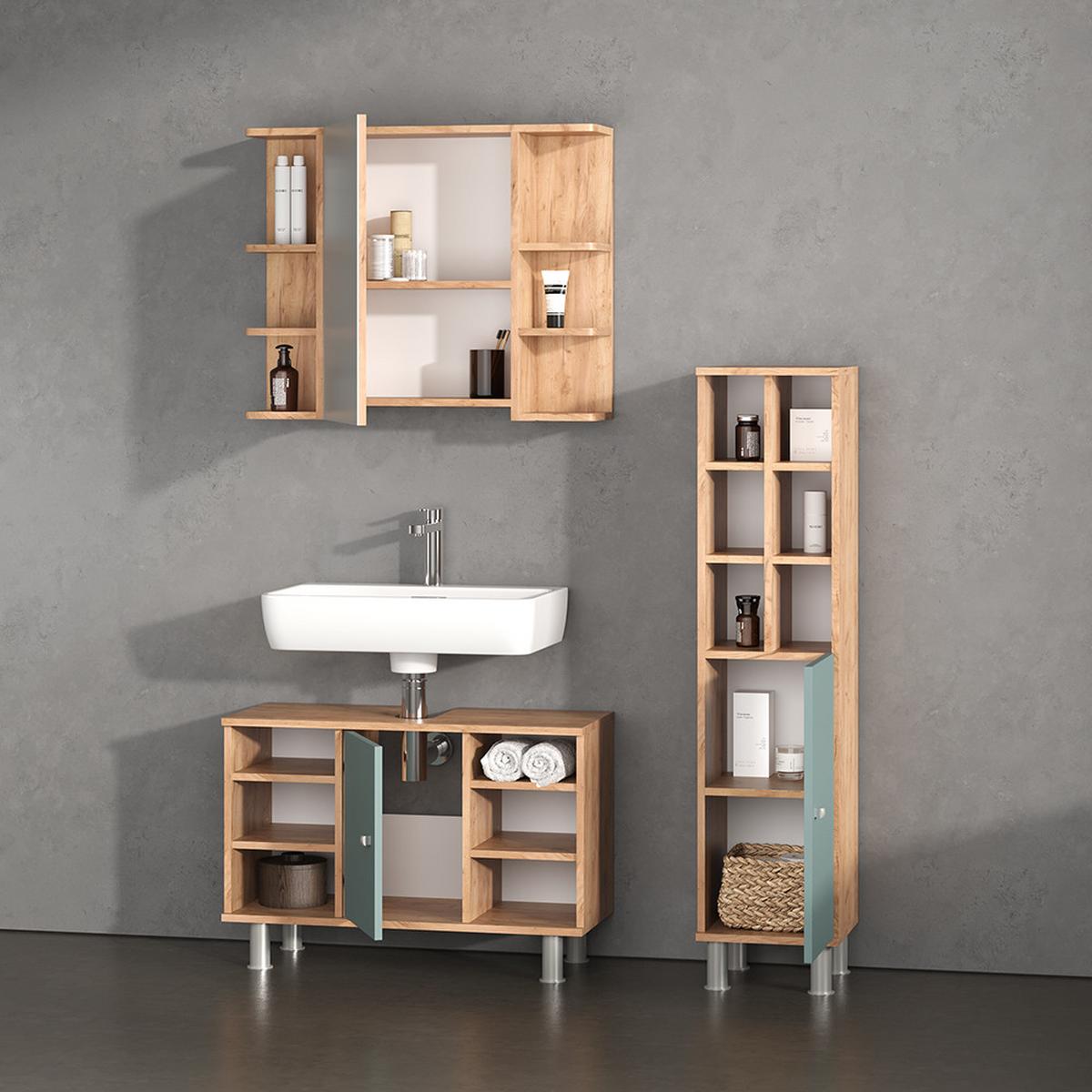 BADMÖBEL-SET Fucino Grün 3 Teile, mit Midischrank Tür groß - Grün, Holzwerkstoff (80/54/32cm) - Livinity®