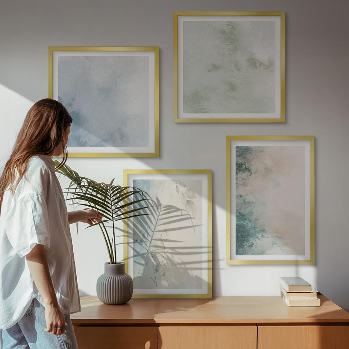 BILDER SET 4er Set - 50x50 cm & 40x60 cm Goldrahmen - Aquarell-Leinwandstil - Goldfarben, Kunststoff (50/50cm) - TULUP