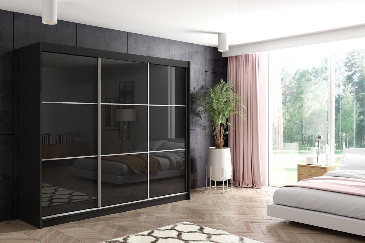 KLEIDERSCHRANK mit Lacobel-Schiebetüren und Aluminium- Leisten, LED-Beleuchtung - VIVI - 180 cm Schwarz - Schwarz, Holzwerkstoff (180/216/61cm) - ALTDECOR