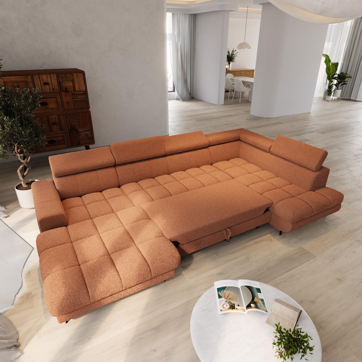 WOHNLANDSCHAFT CORENO Orange Boucle-Stoff mit Schlaffunktion - Terracotta, Holz (345/88/190cm) - MASSENO