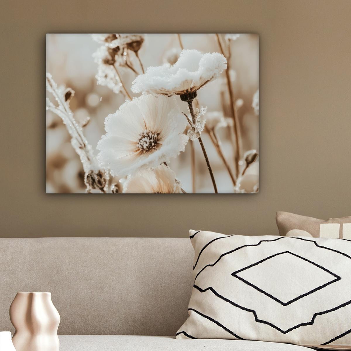 LEINWANDBILD Blumen - Winter - Weiß - Schnee - Beige Wandbild 40x30 cm - Creme, Textil (40/30cm) - MuchoWow