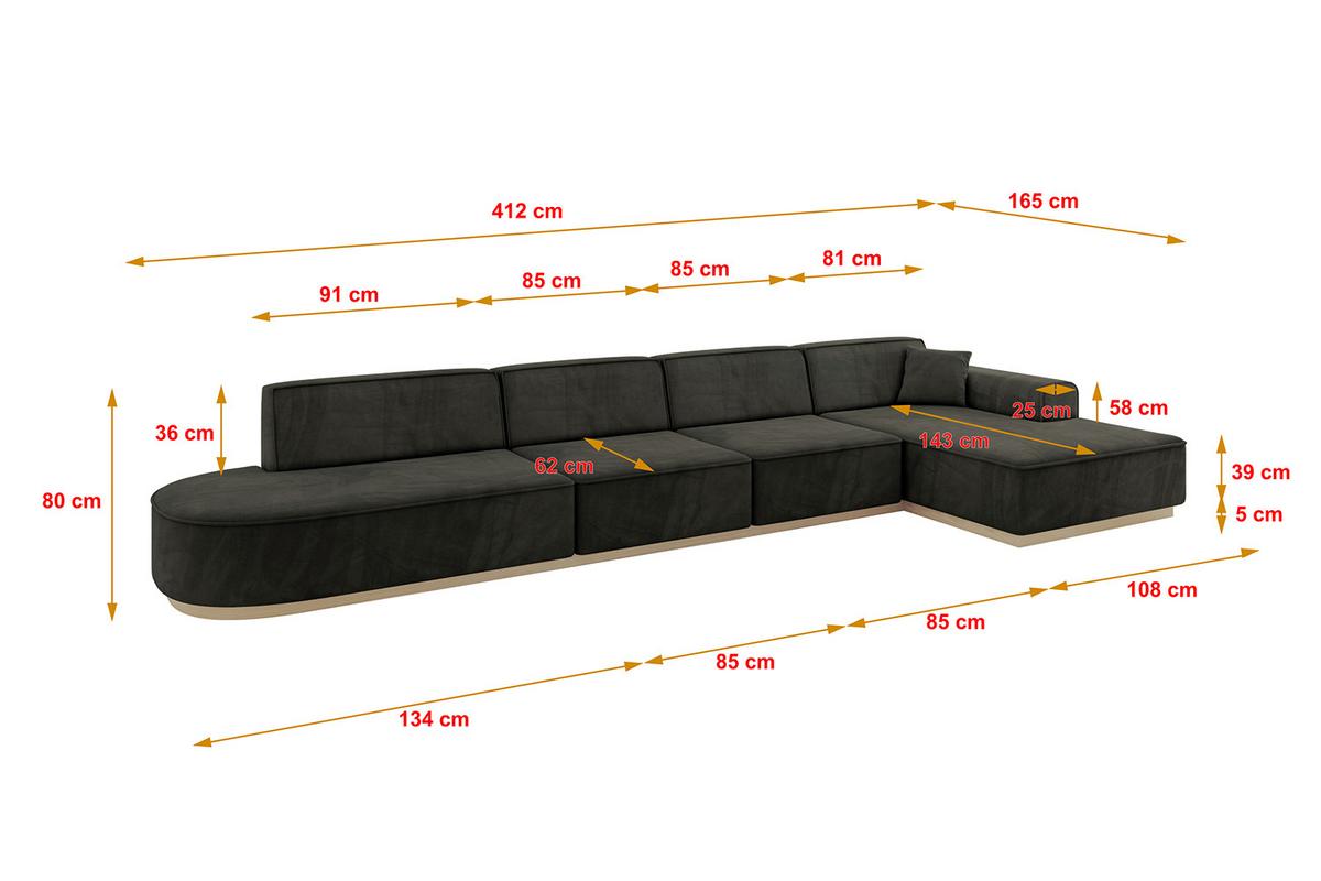 ECKSOFA Ottomane Rechts IREA-L3 - 412x165x80 cm Schwarz - Schwarz, Holzwerkstoff/Textil (412/165cm) - ALTDECOR