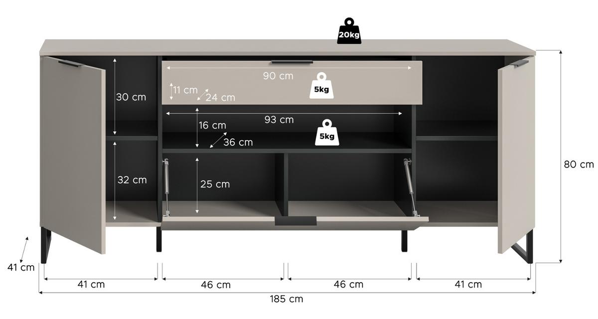TV-LOWBOARD Kaschmir, schwarz 185 x 80 cm, TV Unterteil mit Soft-Close - Kaschmir/Schwarz, Holzwerkstoff/Kunststoff (185/80/41cm) - Inn.Furn