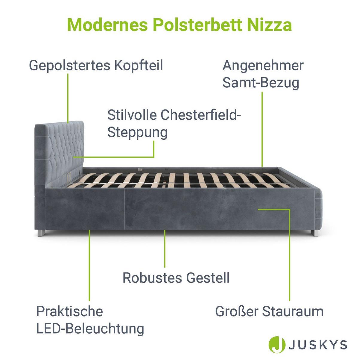 POLSTERBETT Nizza dunkelgrau 180x200 cm - Dunkelgrau, Holz (180/200cm) - Juskys