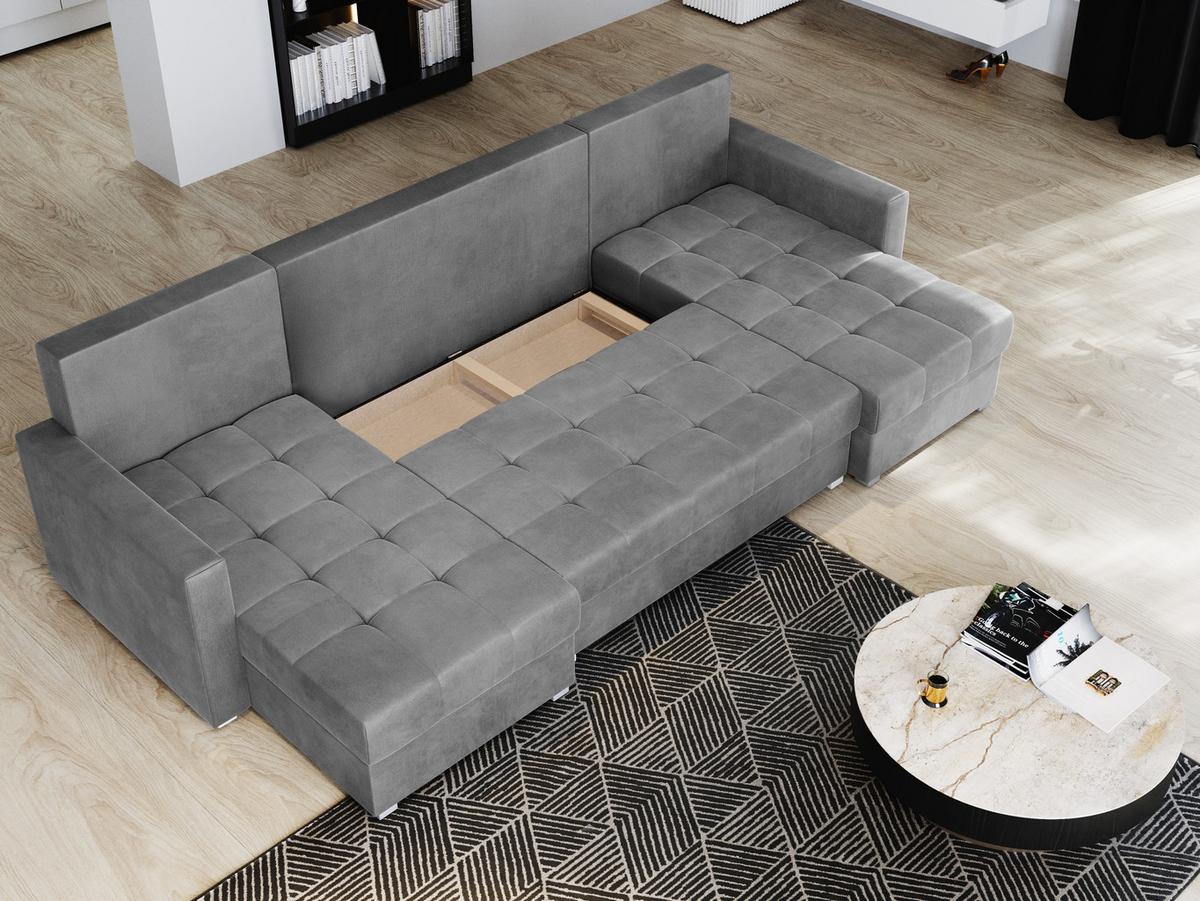 WOHNLANDSCHAFT NAKO Hellgrau Plüsch-Stoff mit Schlaffunktion - Hellgrau/Grau, Holz/Kunststoff (285/85/140cm) - MASSENO